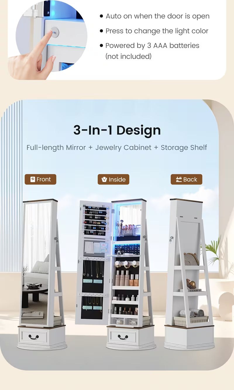 Vintage-Inspired 360° Swivel Jewelry Mirror Cabinet with Lights - Lockable