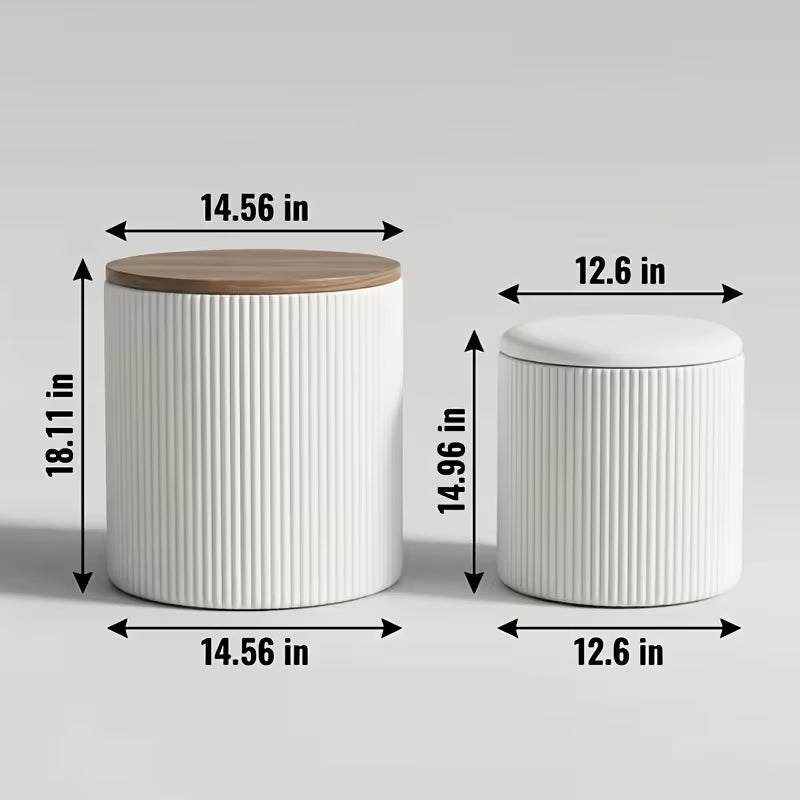 Set Of 2 Round Storage Ottomans with Lids - Upholstered Vanity Stools