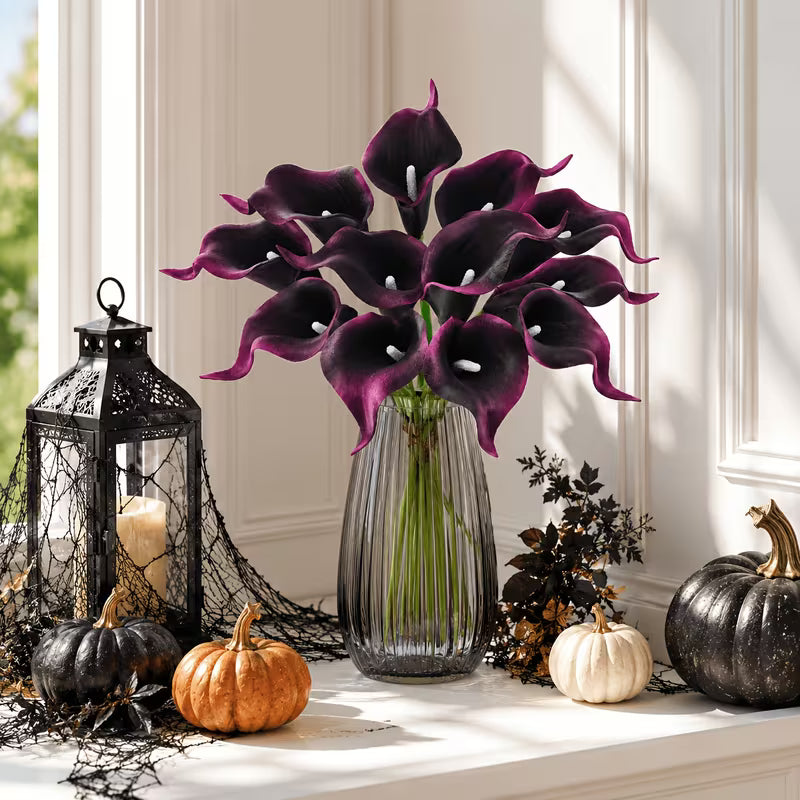 18-Stem Burgundy Calla Lily Artificial Flower Bouquet, Gothic