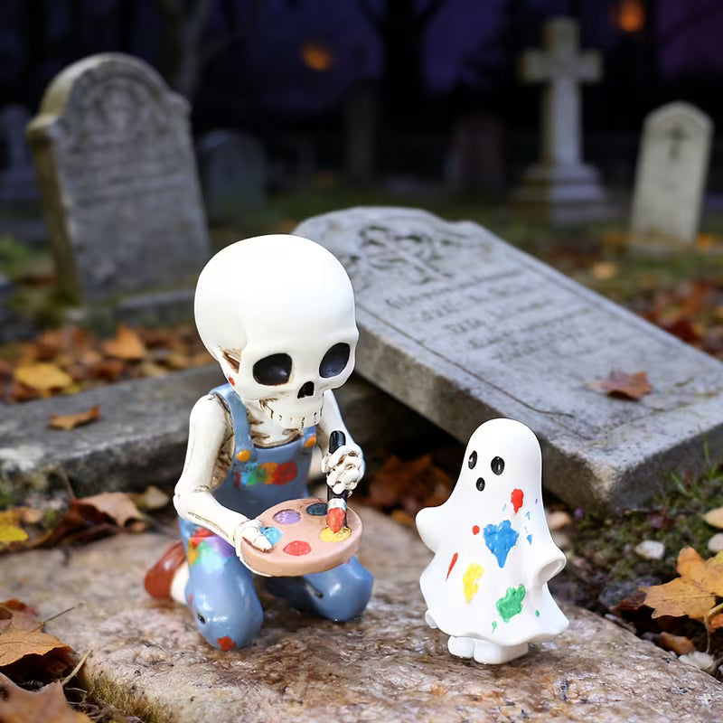 Creative Halloween House Decorations, Skeleton Painter & Apprentice Set, Resin