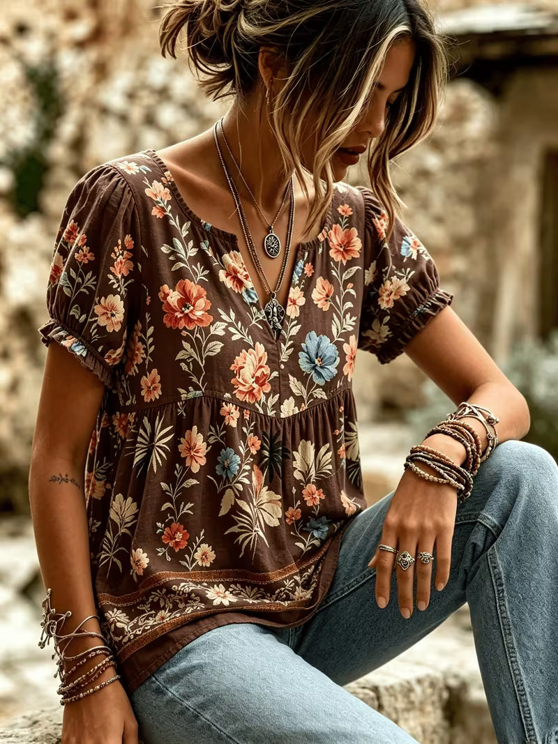 Ditsy Floral V-Neck Blouse for Women, Short Puff Sleeve Ruffle Trim, Empire Waist Loose Fit