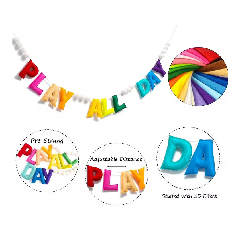 Pre-Strung Rainbow Play All Day Felt Banner Reusable Play Sign Play All Day Wall Hanging Felt