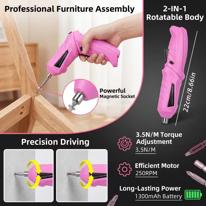 Electric Screwdriver, Multi-Piece Set, Long-Lasting Battery, with LED Light, Ambidextrous