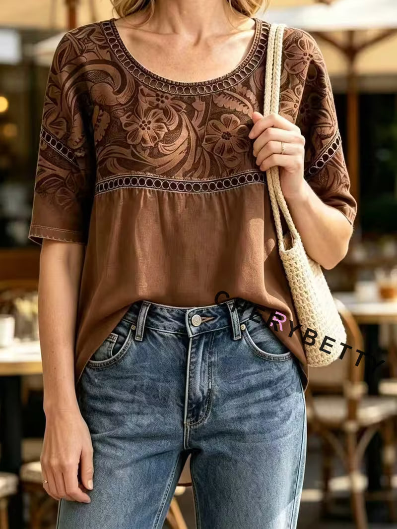 Retro Floral Print Hollow Out Top