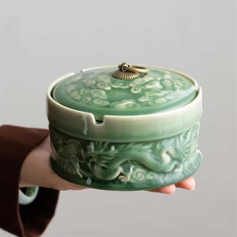 with Lid Table Top Glazed Color Ash Tray Handmade Dragon Pattern Decorative Office Ashtrays