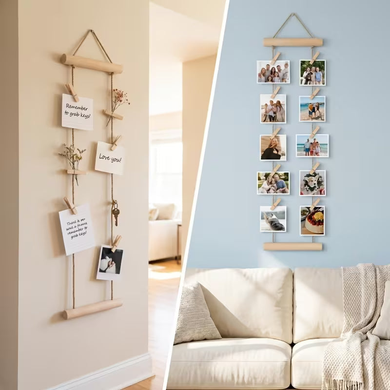 Natural Wood Photo Hanging Rope with Wooden Clips, Multi-Photo Display Rack, No Drilling