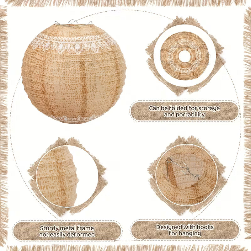 6pcs Lace Print Burlap Paper Lanterns 8In Boho Lanterns Decorative Indoor Paper Decoration Hanging