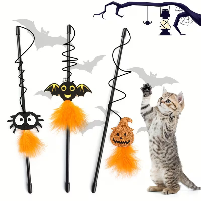 Halloween Design Cat Teaser Toy - Pumpkin Bat Artificial Feather Set, Plastic