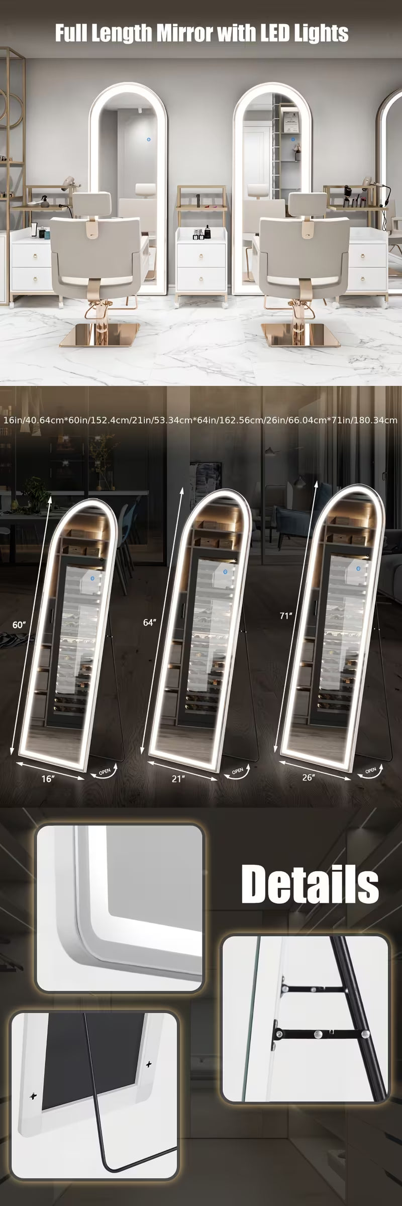 LED Lighted/Not-LED Lighted Full-Length Mirror with Arched/Rect Top