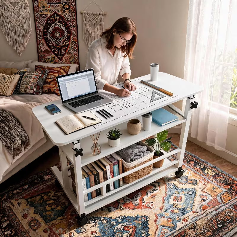 Extra-large Three-tier Wheeled Office Computer Desk, 23.62inch/31.5inch/47.24inch, Metal