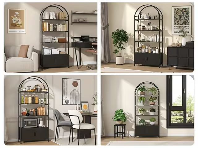 71" Industrial Arched Bookshelf with Doors - Sturdy Metal Frame