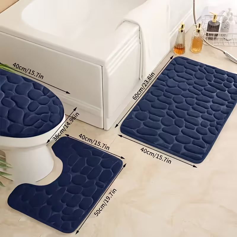 3pcs Geometric-Pattern Coral Fleece Bath Rug Set - Memory Foam, Machine Washable Bath Mats