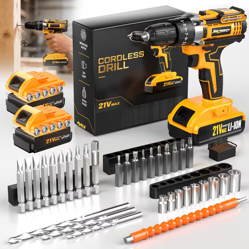 21V Cordless Drill Kit with Tool Box, Rechargeable Power Drill Set with 2*2.0AH Battery