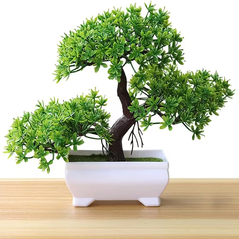 1pc Green Faux Juniper Bonsai with White Pot, Welcome Pine Shaped Mini Desktop Greenery Ornament