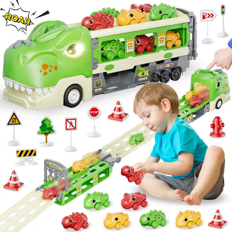 Dinosaur Truck Toys Dino Cars for 3-7 Year Boys with Foldable Track
