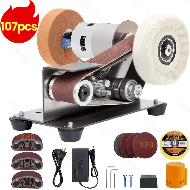 14/107pcs Set of Three-In-One Mini Belt Sander- 15-Degree Blade Grinder, Electric Bench Grinder