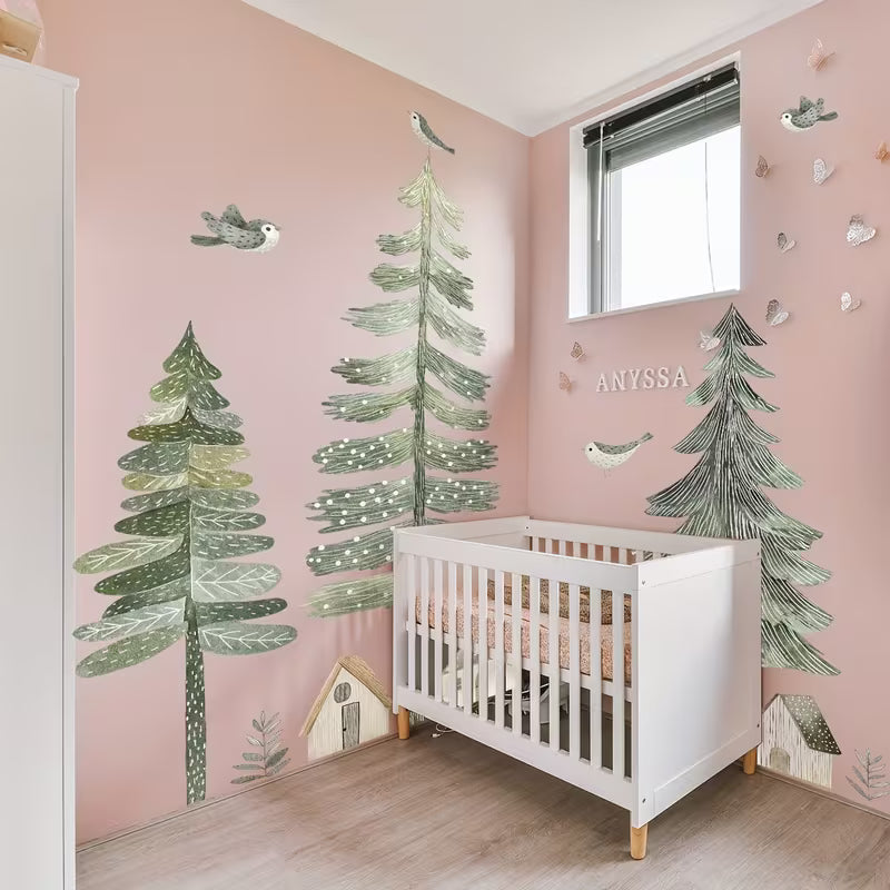 A Set of 2 Sheets (11.81*35.43inch*2pcs) Hand-Painted Pine Tree Village Bird Wall Stickers Living