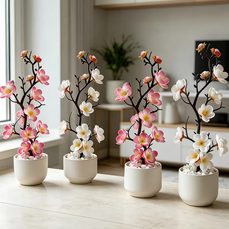 4pcs Set - Artificial Plum Blossom Potted Plant/Artificial Flowers/Romantic Gradient Pink