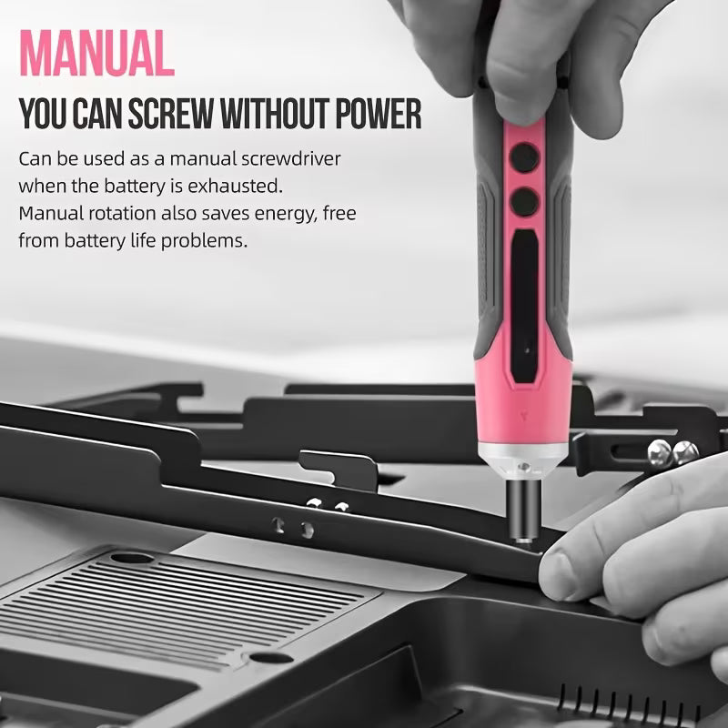 34pcs Pink Cordless Drill & Screwdriver, Women Household DIY Tool Set, Portable USB Electric Drill