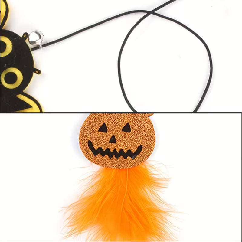 Halloween Design Cat Teaser Toy - Pumpkin Bat Artificial Feather Set, Plastic
