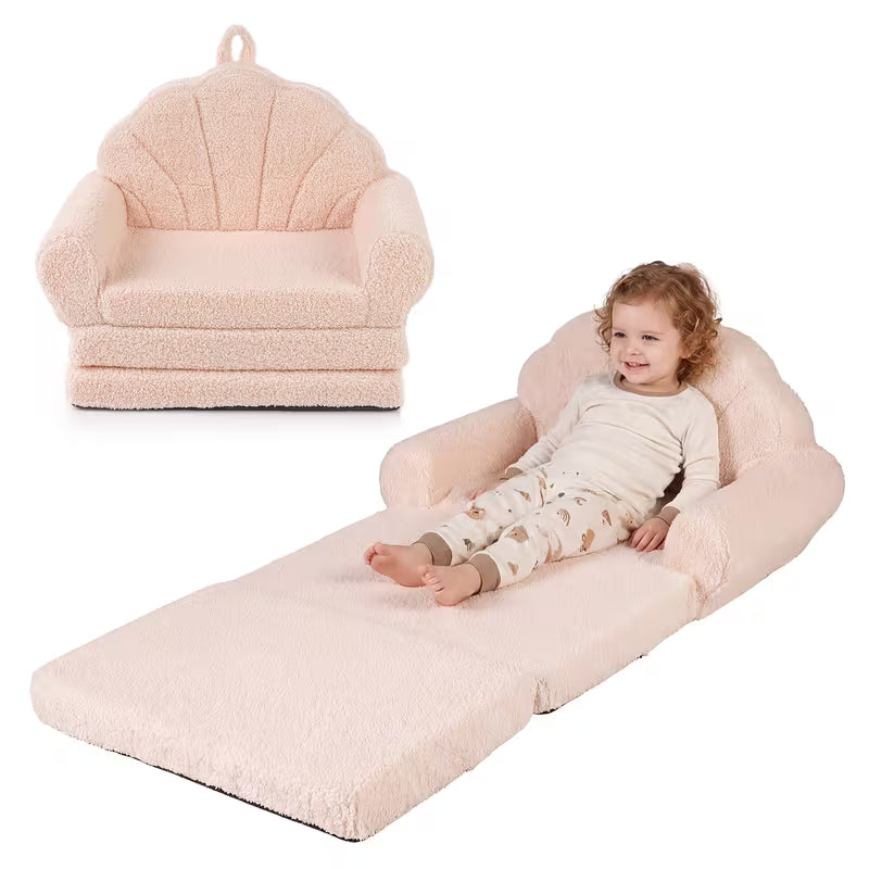 Fold-Out Kids Sofa, 2-In-1 Convertible Couch And Lounger with Washable Teddy Fleece Cover