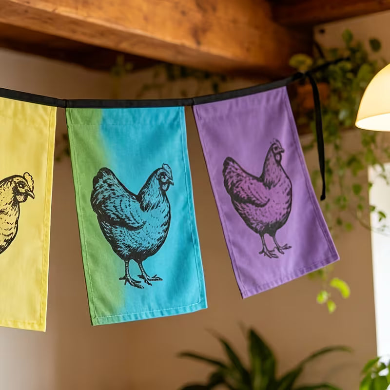 Vibrant Rainbow Chicken Flag Bunting, Classic Country Farm Style Hanging Decor
