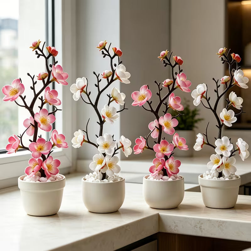 4pcs Set - Artificial Plum Blossom Potted Plant/Artificial Flowers/Romantic Gradient Pink
