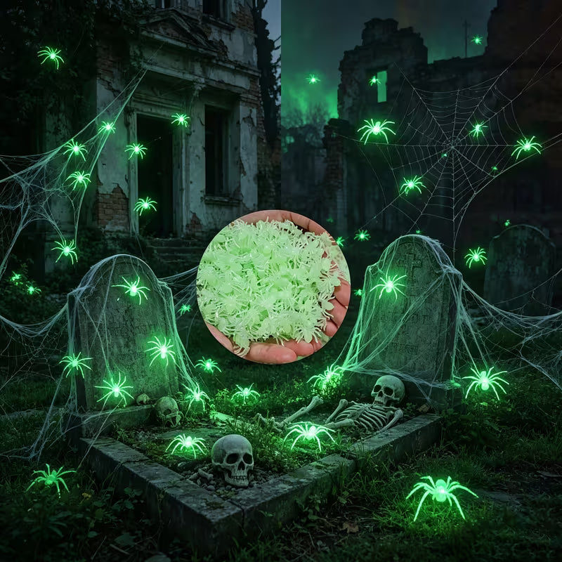 Halloween Home Decor Statue Ornament, Glow-in-the-Dark Plastic Small Spiders, 95pcs/Pack