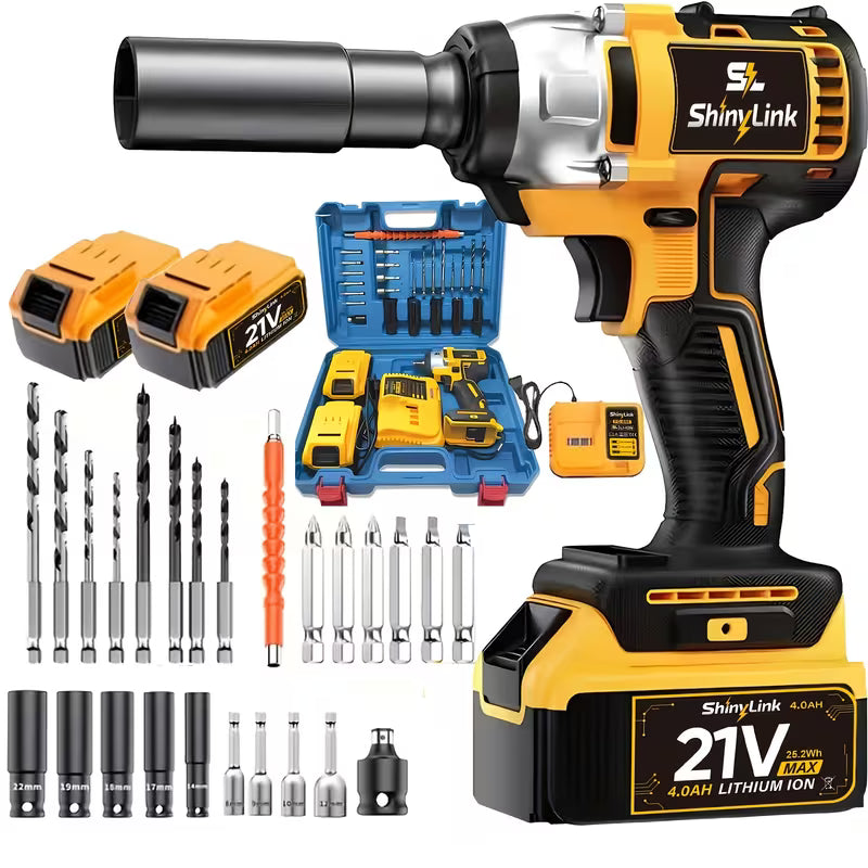 21V Cordless Impact Wrench Wireless Drill Set, Brushless Electric Impact Gun Drill, Toolbox