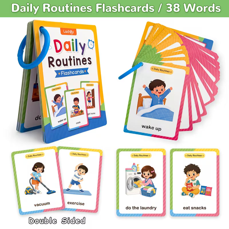 20 Double-sided Flash Daily Routines Words Flashcards for Kids