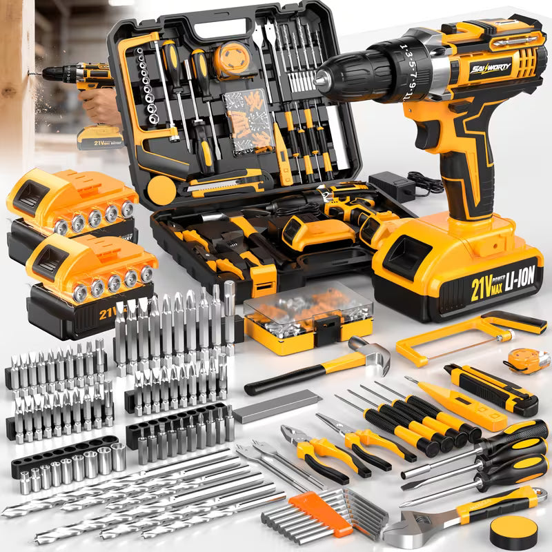 21V Cordless Drill Kit with Tool Box, Rechargeable Power Drill Set with 2*2.0AH Battery