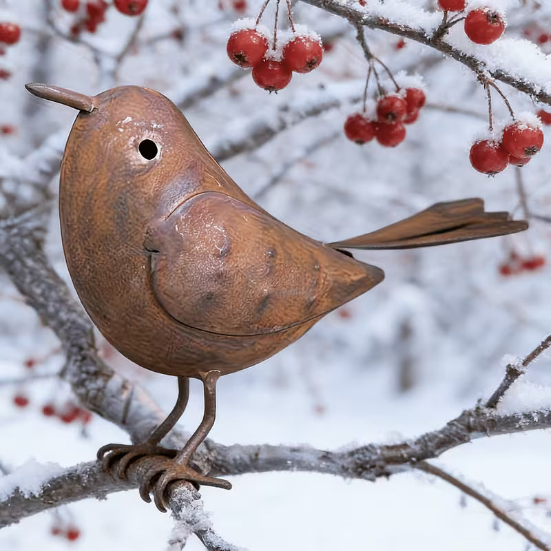 Vintage Distressed Iron Bird Outdoor Statue, Rust-Textured Metal Planter Edge Decorative Ornament