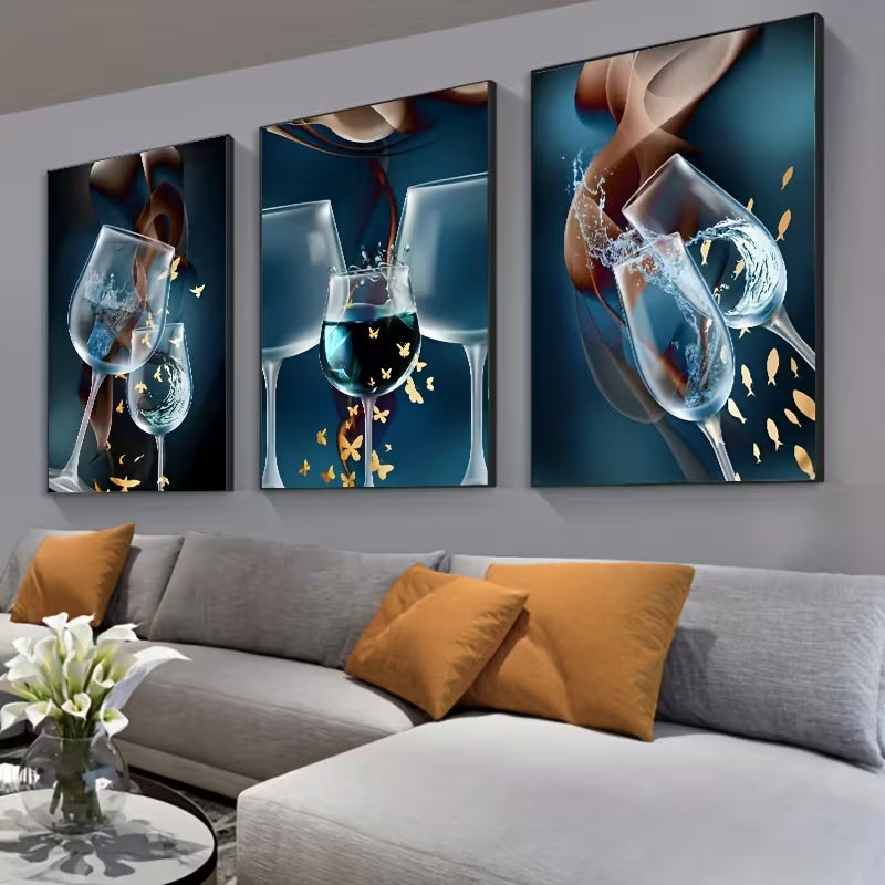 2D Flat 3pcs 15.7*23.6in/40cm*60cm Frameless Abstract Wineglass Wine Wall Art Canvas Painting