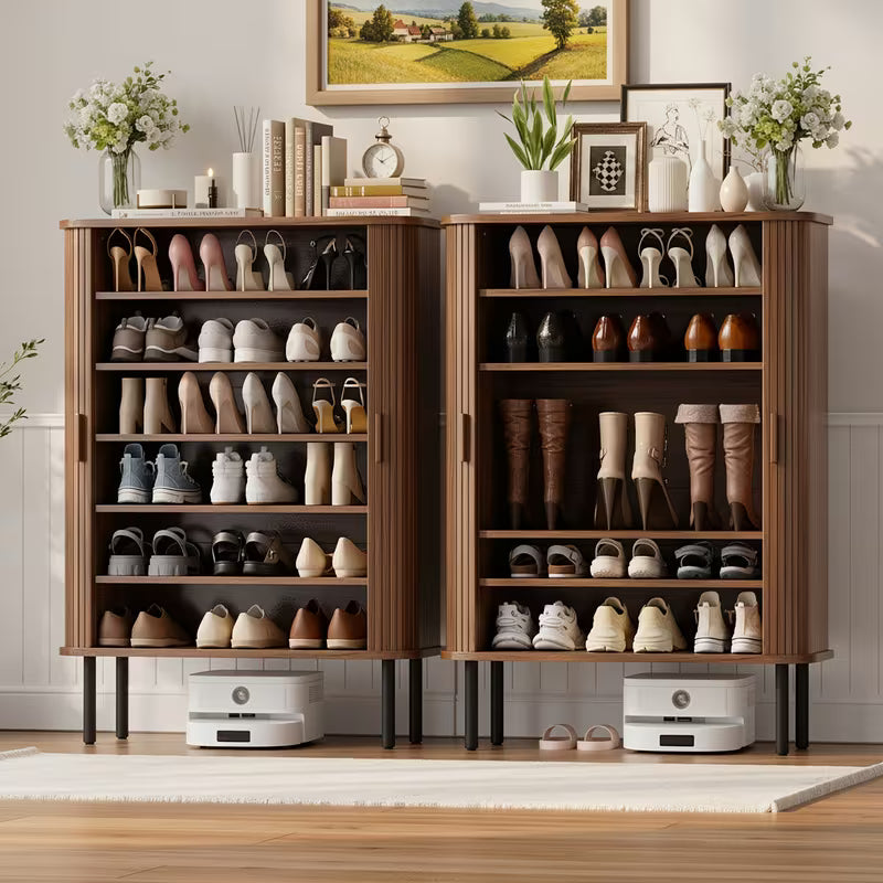 PAZCASA 6-Tier Shoe Cabinet with Sliding Door, Wooden Shoe Storage Cabinet with Adjustable Shelves