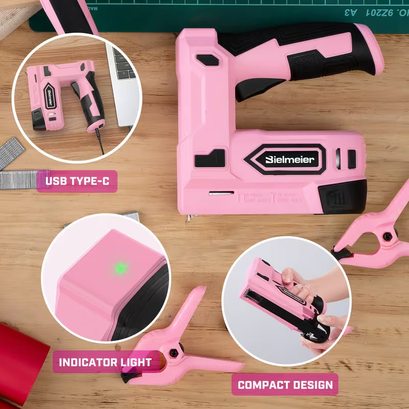 Pink Cordless Staple Gun, 2-in-1 Nail Gun Battery Powered With 1600pcs Staples And Nails