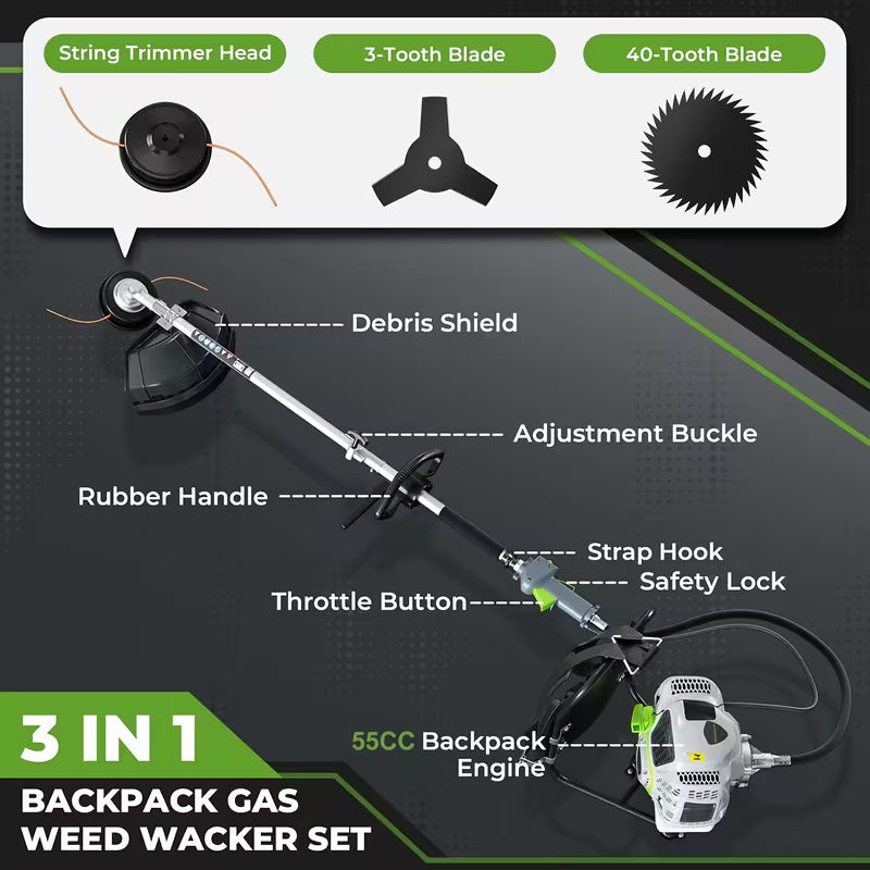55CC 3-in-1 Gas Powered Weed Wacker, 2-Stroke Backpack Gas Powered Weed Eater String Trimmer