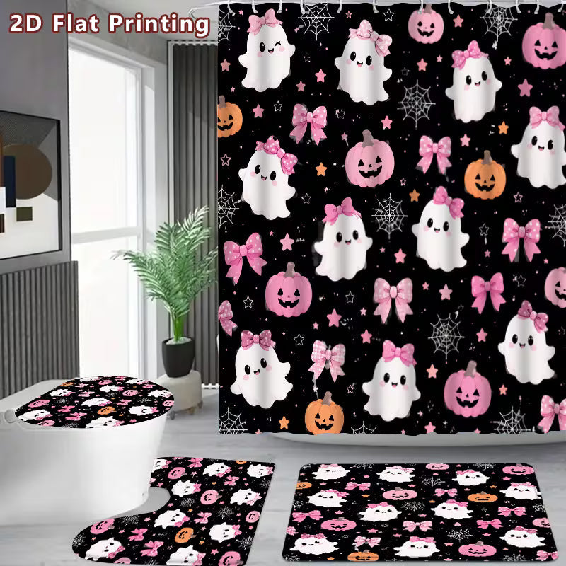 2D Flat, 2D Flat 4pcs Boho Shower Curtain Set, Black Pink and Pumpkin Pattern Bathroom Decor