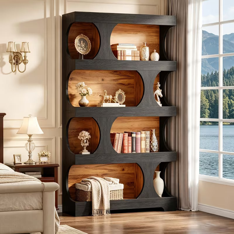 4-Tier S-Shaped Bookcase - Modern Wood Bookshelf with Wide Shelves & Curved
