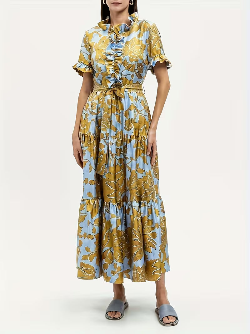 Faux Tencel Blue/Yel Floral Print Short Sleeve Tie Layered Maxi Dress, Faux Tencel Fabric