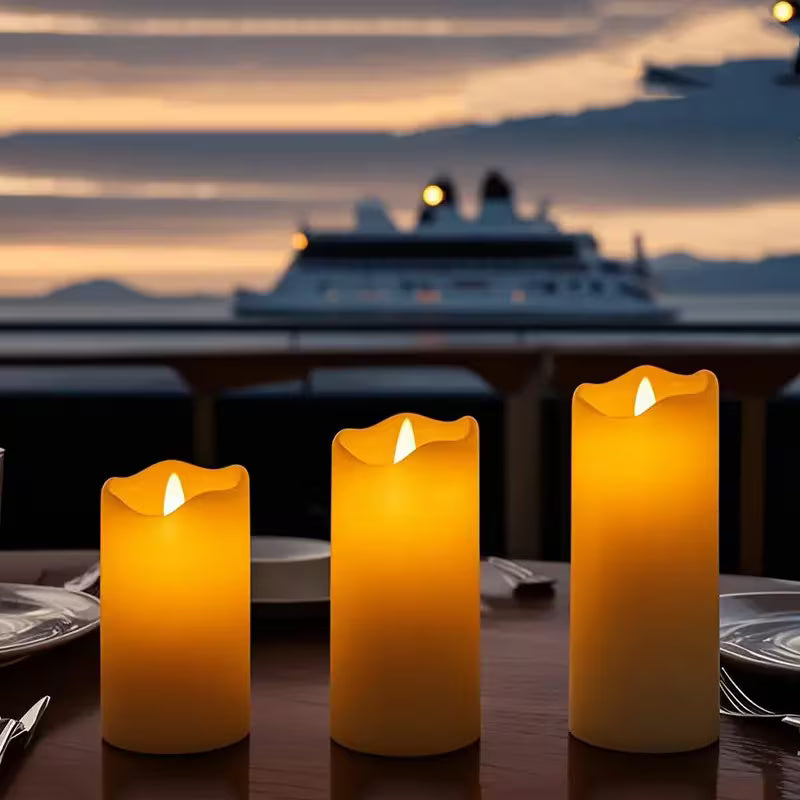 3 Large Flameless LED Pillar Candles, Moving Flame Effect - Battery Operated, Dripless Ivory