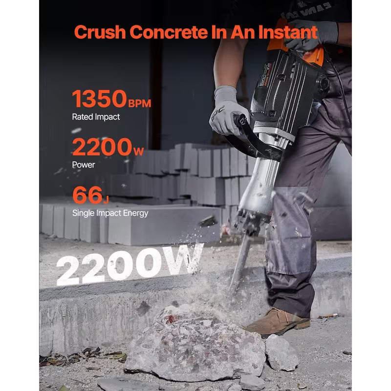 VEVOR Demolition Jack Hammer, 1350 BPM Concrete Breaker 6pcs Chisels Bit Chipping with Case