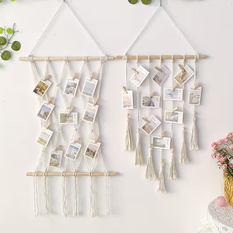 Unique Handwoven Boho Chic Macrame Photo Wall Hanging with Clips - Display for Photos