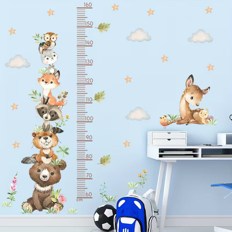 Wall Stickers Featuring Cute Cartoon Animals for Measuring Height, Including Bears And Foxes