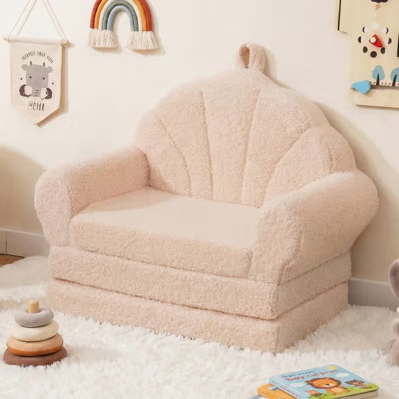 Fold-Out Kids Sofa, 2-In-1 Convertible Couch And Lounger with Washable Teddy Fleece Cover