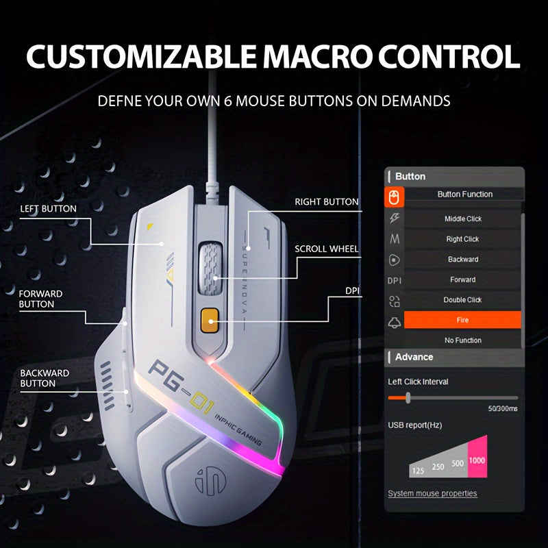 INPHIC PG1 Wired Gaming Mouse Ergonomic E-Sports Macro Programming RGB