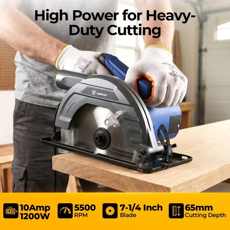DEKO 7-1/4 Inch Corded Circular Saw, 10Amp 1200W Electric Saw with 5500RPM & 24T TCT Blade