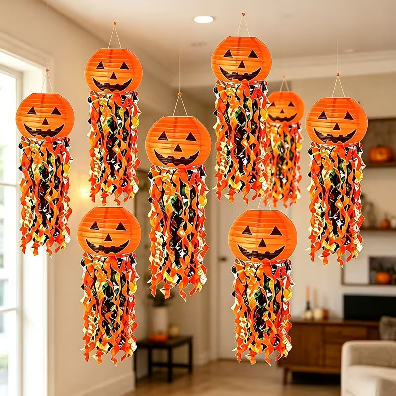 Halloween Jack-O-Lantern Ghost Decorations, Paper Pumpkin Lanterns with Streamers