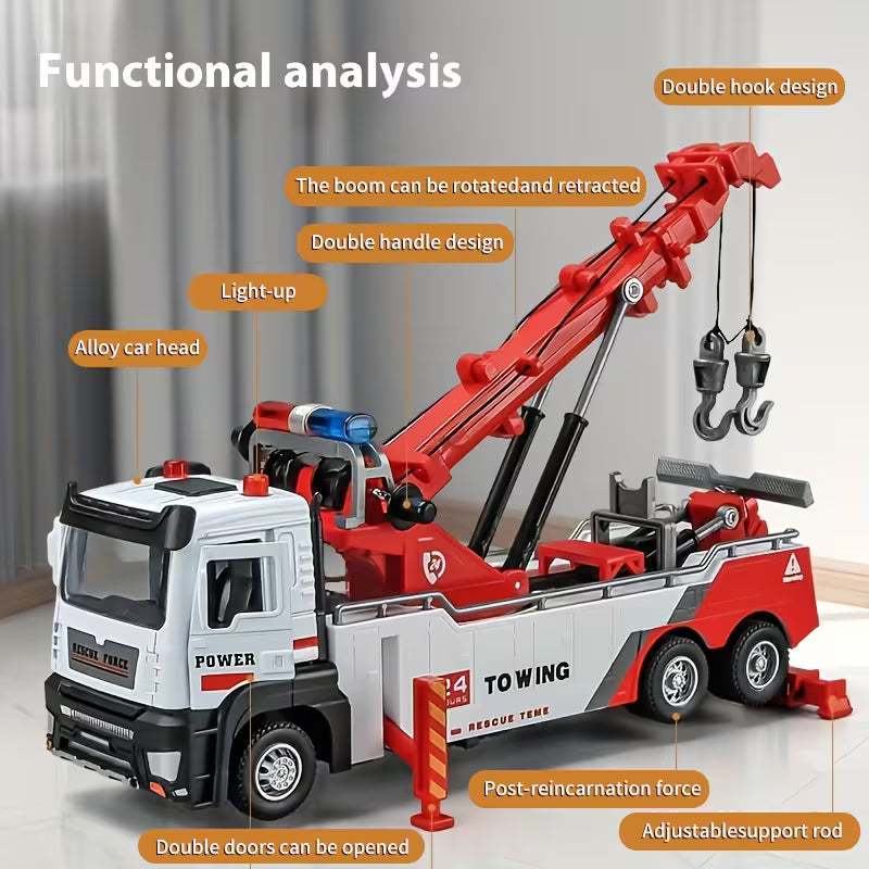 Multifunctional Double-hook Tow Truck Model Toy with an Alloy Cab