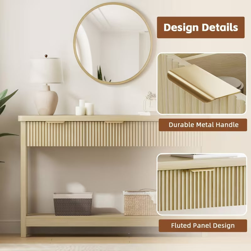 51 IN Fluted Console Table with 3 Drawers, Modern Entryway Table with Metal Handles