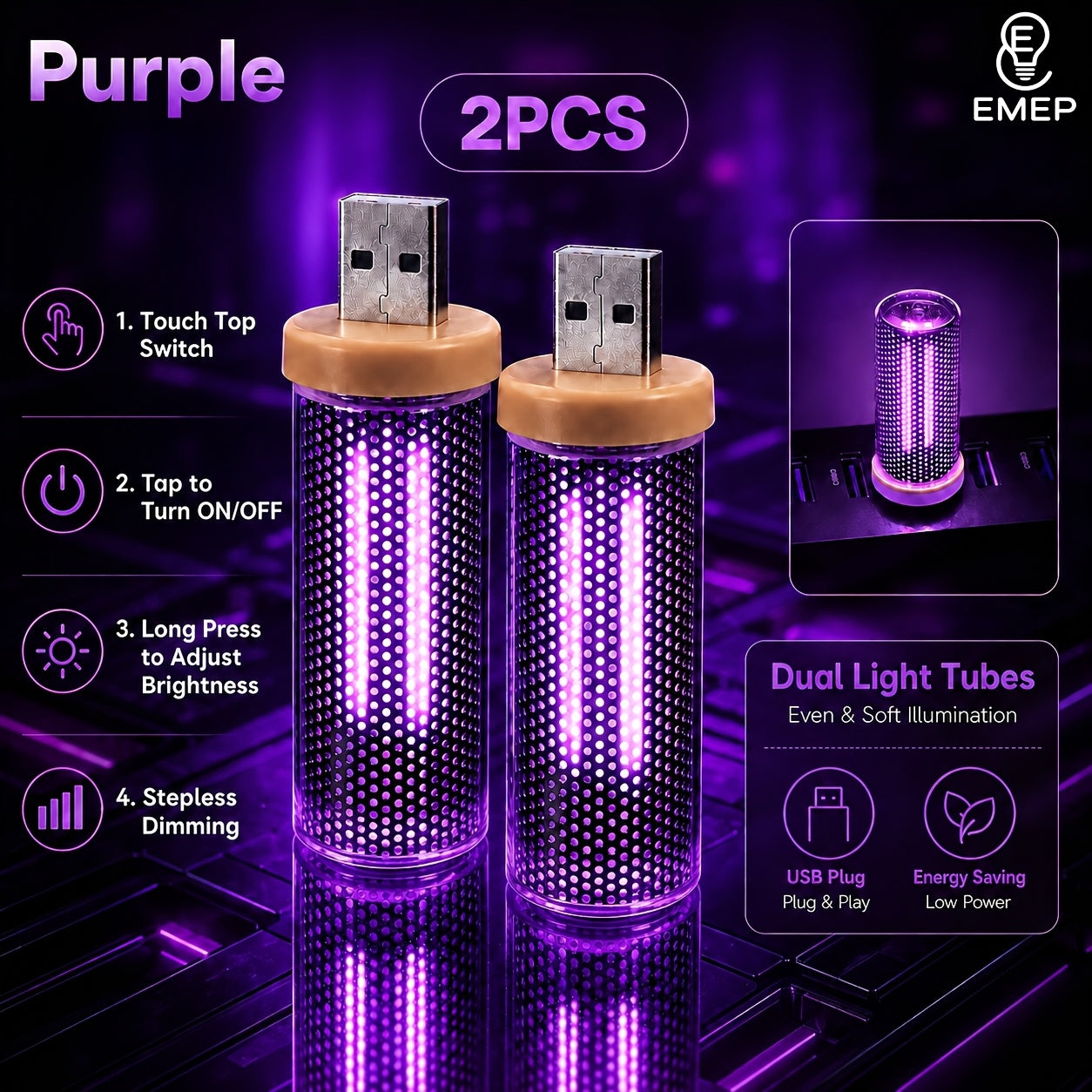 EMEP Brand 2PCScreative Ambient Lights, Nine Colors and Styles, USB, Glass